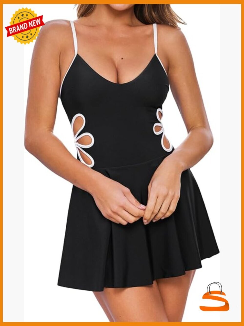 V Neck One Piece Swim Dress with Skirt Cutout Adjustable Straps